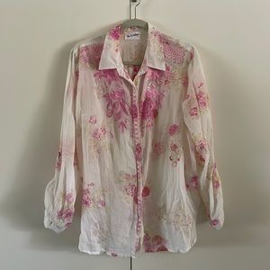 Pink and beige floral, semi sheer button down shirt